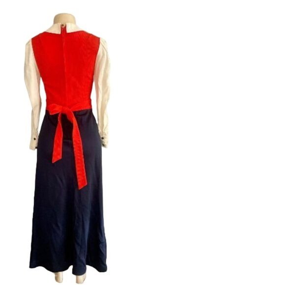 Vintage 70s Maxi Dress Sz S M Red White Blue w Long Sleeves & Polka Dots scarf. - Picture 6 of 8